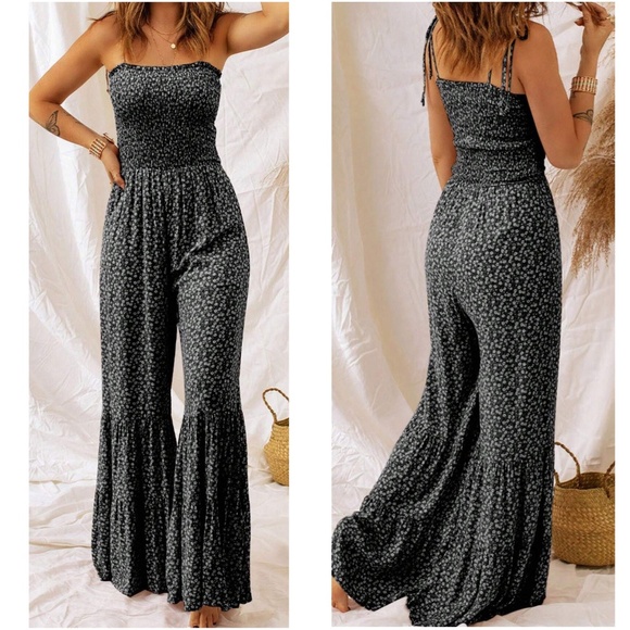 Boho Floral Print Shirred Bodice bell Bottom Cami Jumpsuit - Picture 5 of 8